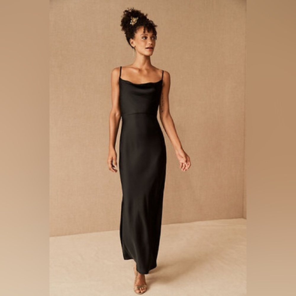 BHLDN Black Satin Cowl Neck Midi Dress